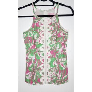 Lilly Pulitzer Shirt Womens 0 Pink Green Floral Lace Trim Tank Top Summer Blouse